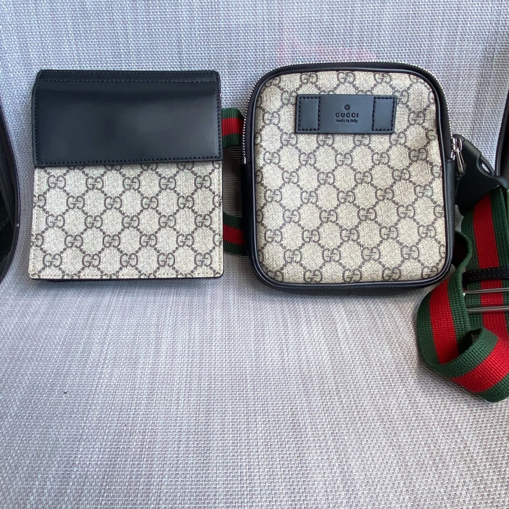 Gucci Black and Cream Belt Bag with Red and Green Strap
